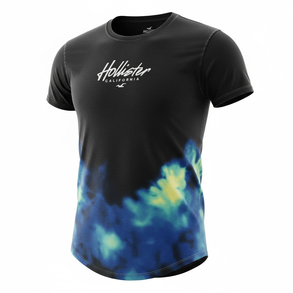 picknpack Hollister black crew neck t-shirt with blue and yellow tie-dye hem and white chest logo