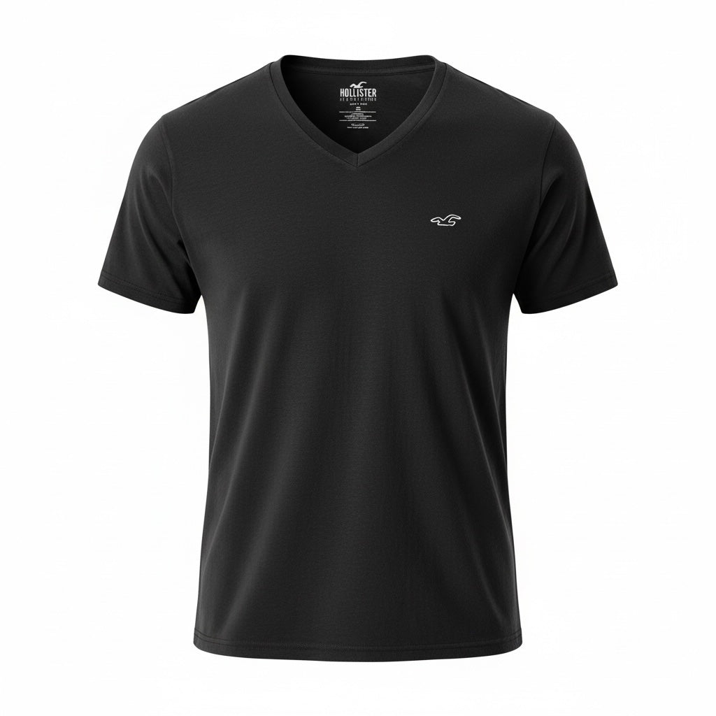 picknpack Hollister black short sleeve v-neck t-shirt with embroidered chest logo in soft cotton blend