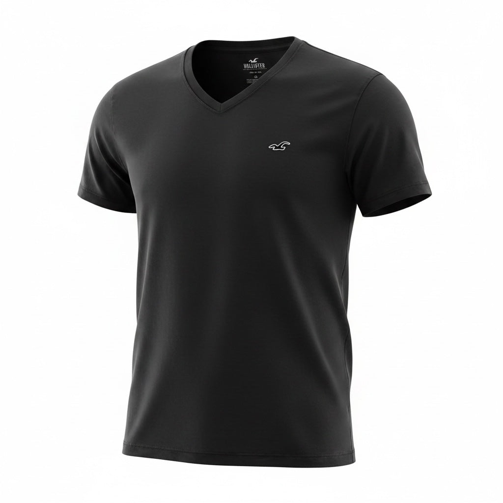 picknpack Hollister black short sleeve v-neck t-shirt with embroidered chest logo on a white background