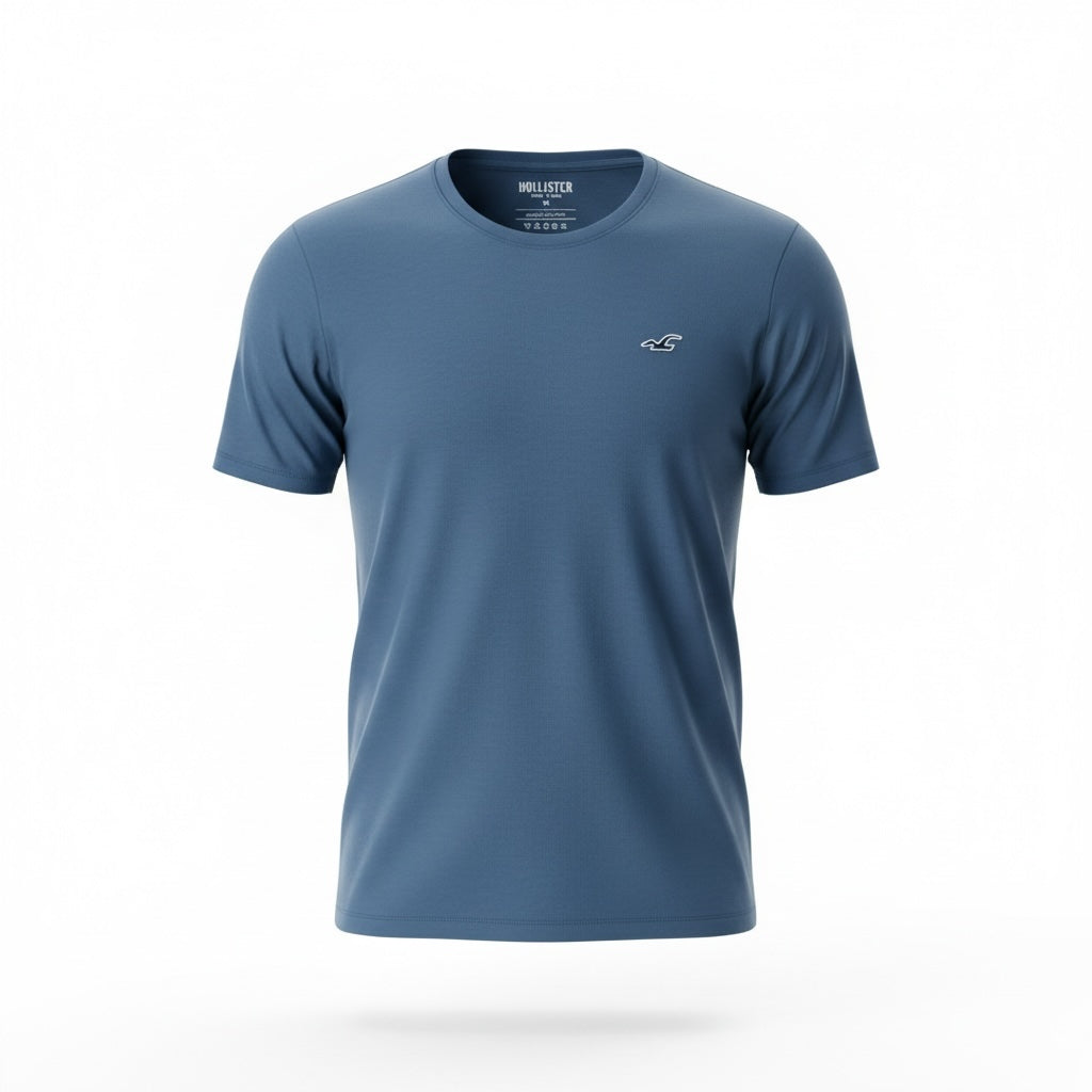 picknpack Hollister blue crew neck short sleeve t-shirt with small embroidered chest logo on white background