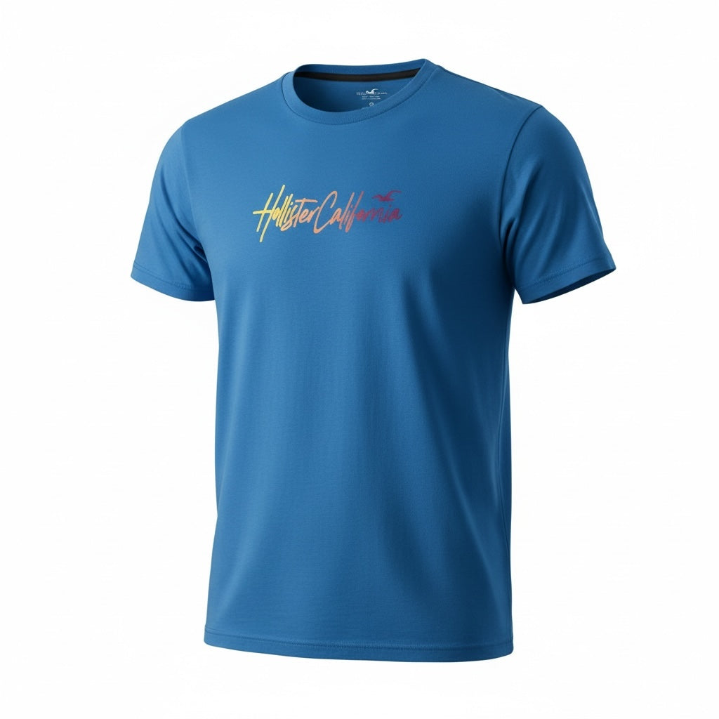 picknpack Hollister California blue crew neck t-shirt with a vibrant sunset-colored script logo on the chest
