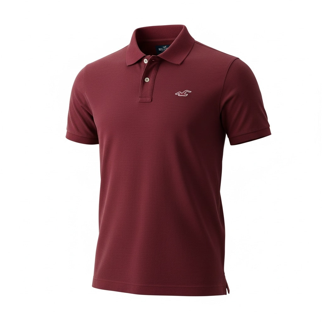picknpack Hollister burgundy short sleeve polo shirt in cotton-blend pique with a two-button placket and logo