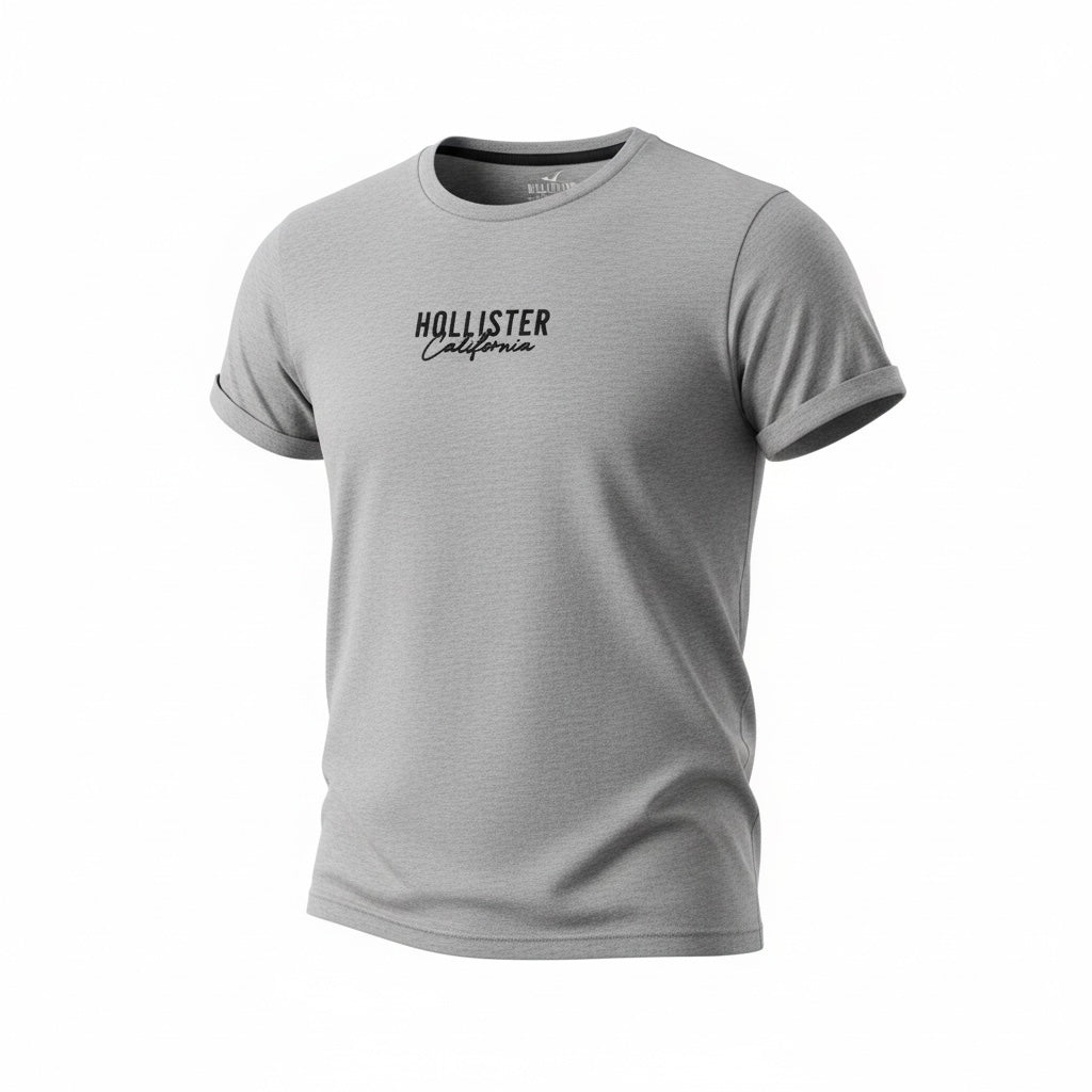 picknpack Hollister California heather grey crew neck t-shirt with short sleeves and rolled cuffs