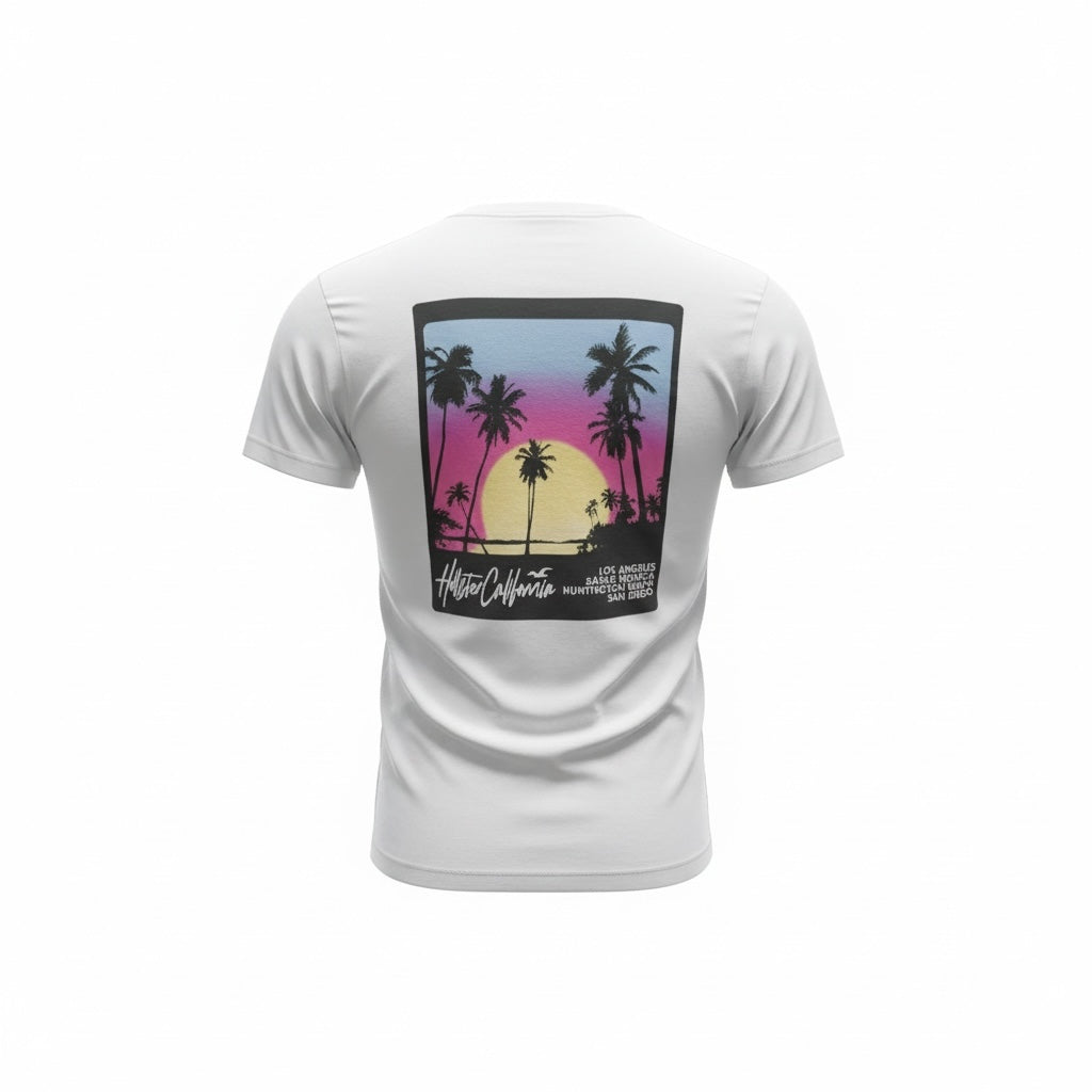 Back view of a white picknpack Hollister California crew neck t-shirt featuring a sunset palm tree graphic print.