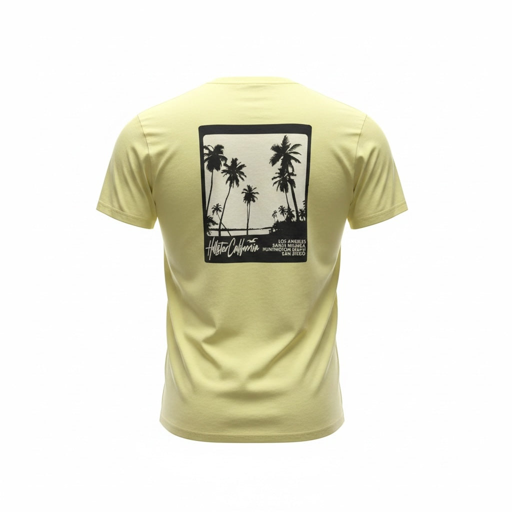 picknpack Hollister California pale yellow short sleeve t-shirt with a black and white palm tree graphic on the back