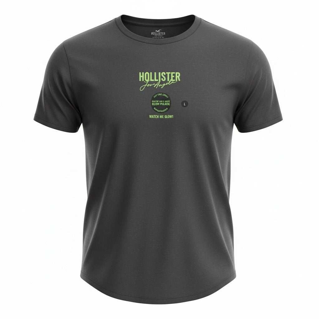 picknpack charcoal grey Hollister graphic crew neck t-shirt with light green chest print in soft cotton-blend fabric