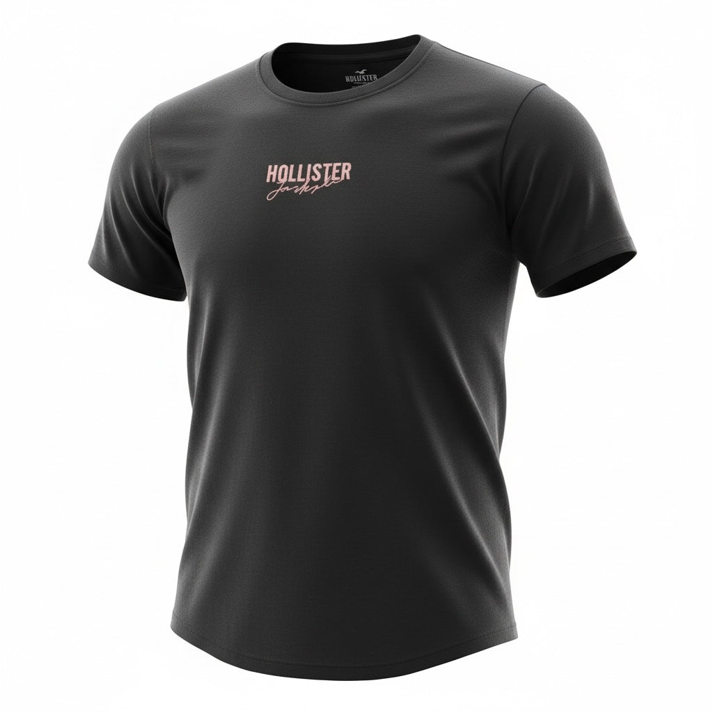 picknpack Hollister charcoal short sleeve crew neck t-shirt with a minimalist pink script logo on the chest