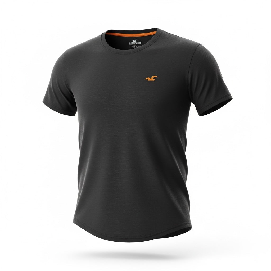 picknpack charcoal grey Hollister crew neck t-shirt with orange embroidered logo and vibrant inner neck trim