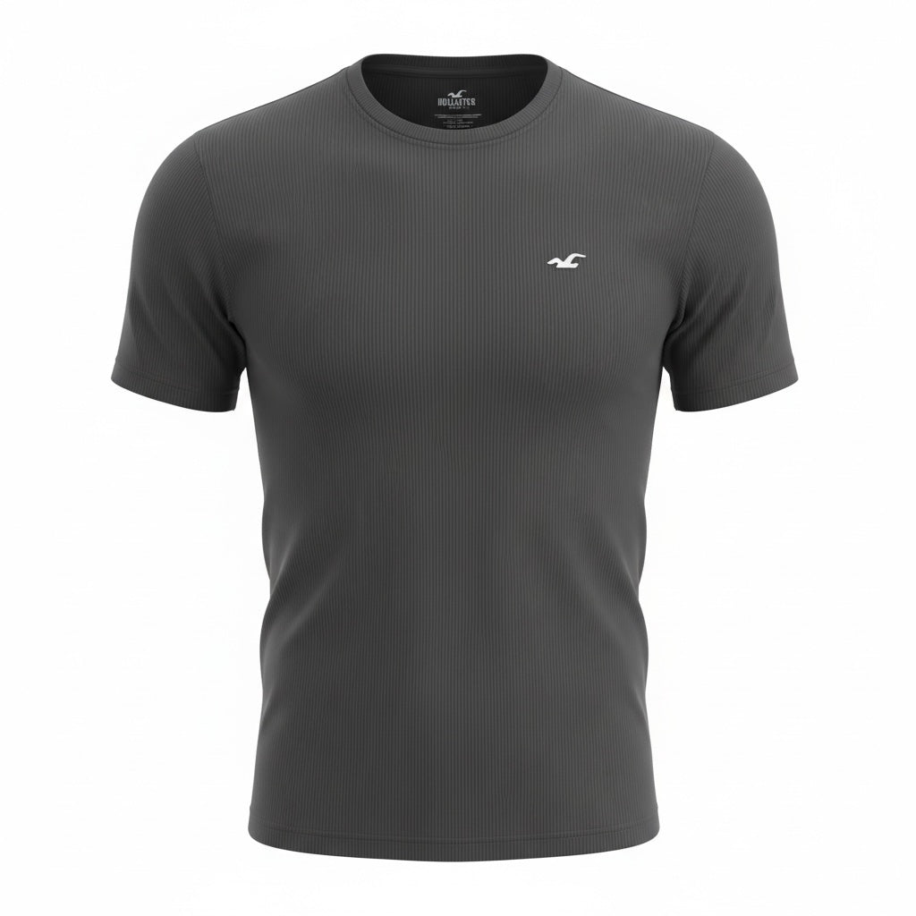 picknpack Hollister charcoal grey ribbed crew neck short sleeve t-shirt with embroidered chest logo