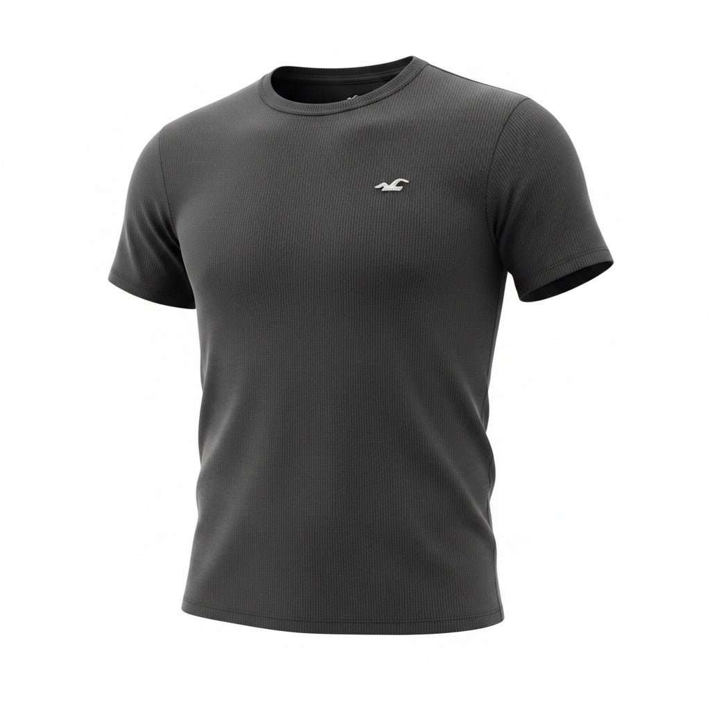 picknpack Hollister charcoal grey ribbed crew neck t-shirt with short sleeves and embroidered chest logo