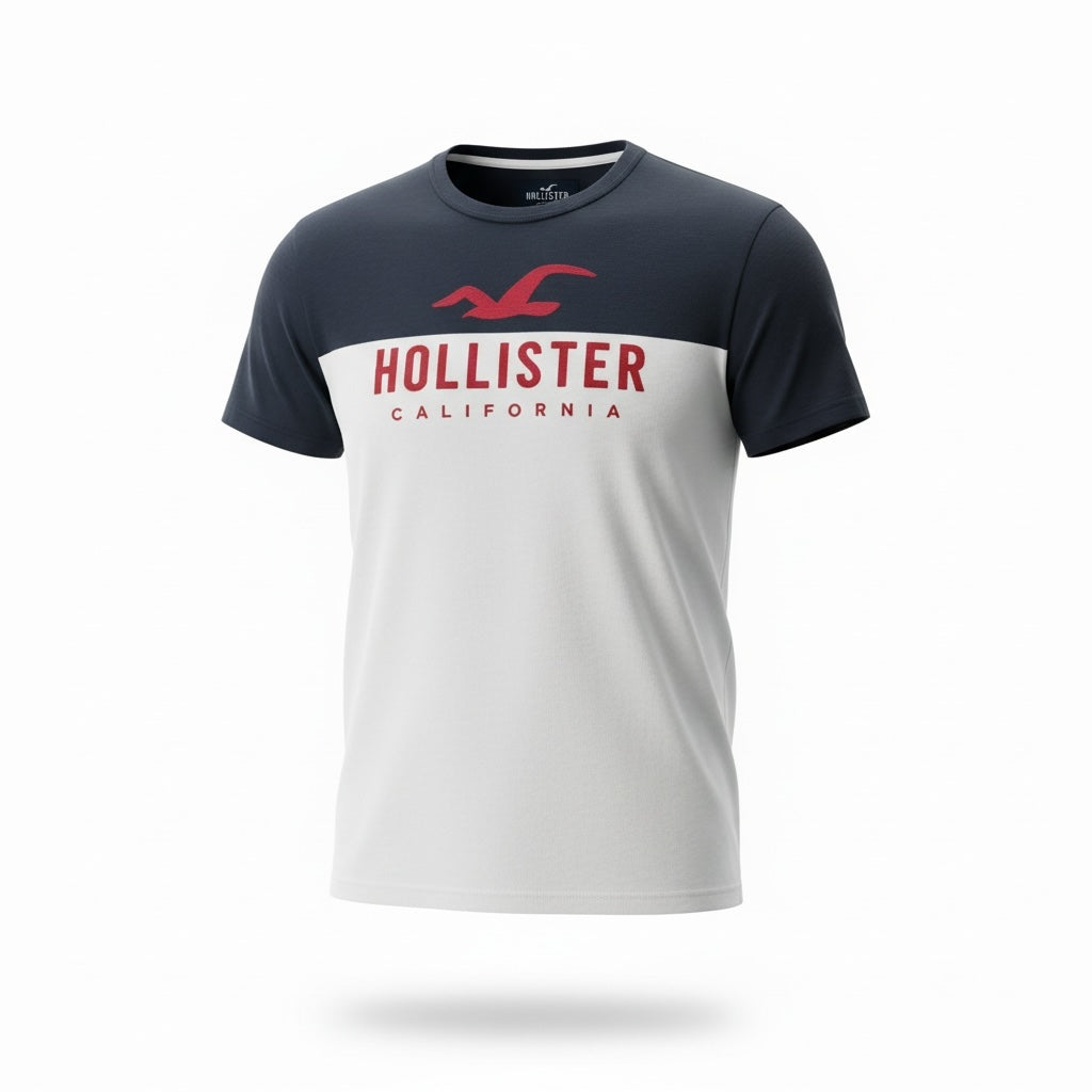 picknpack Hollister navy and white color-blocked short sleeve crew neck t-shirt with red logo graphic