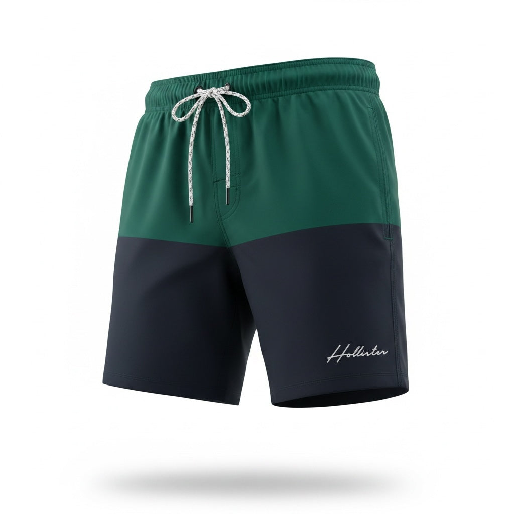 picknpack Hollister men's colorblock swim trunks in forest green and charcoal navy with an adjustable drawstring.