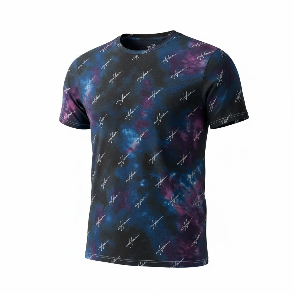 picknpack Hollister crew neck t-shirt featuring a blue and purple cosmic tie-dye print with a repeating logo pattern.