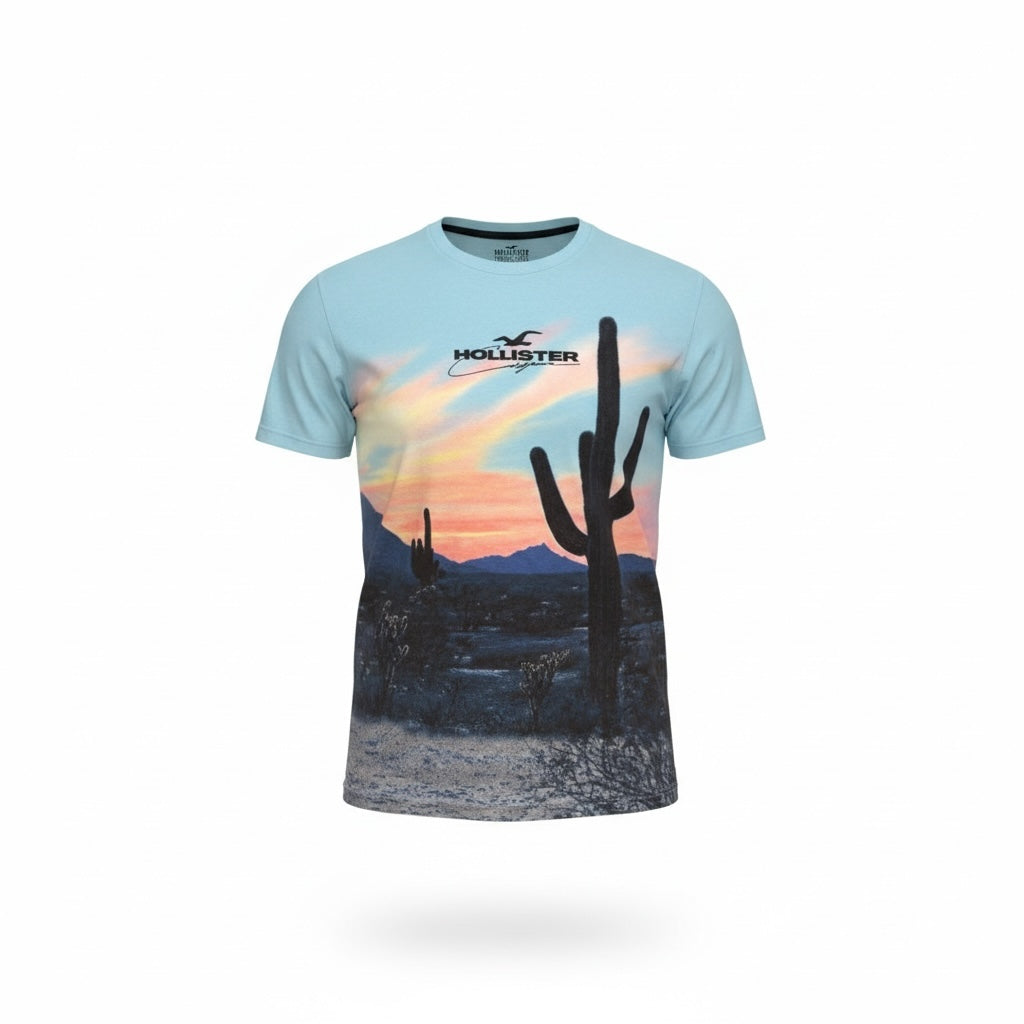 picknpack Hollister light blue crew neck t-shirt featuring a desert sunset landscape graphic with saguaro cacti