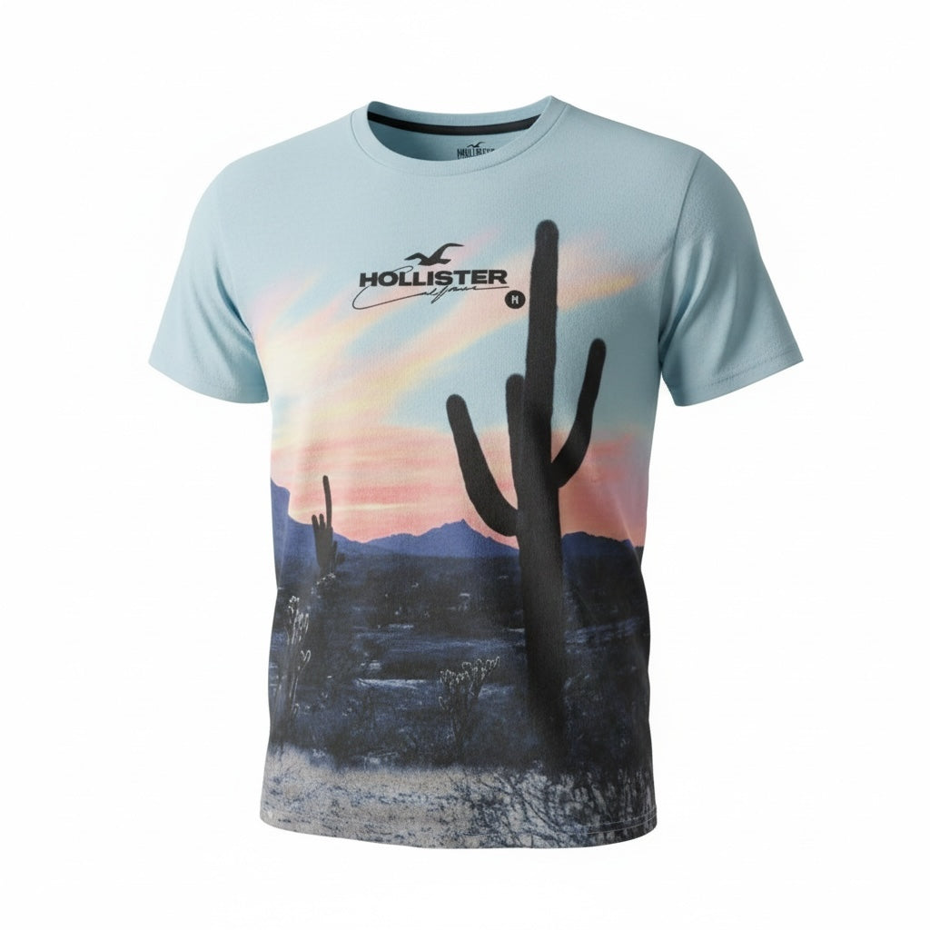 picknpack light blue Hollister crew neck t-shirt with a sunset desert and saguaro cactus graphic print