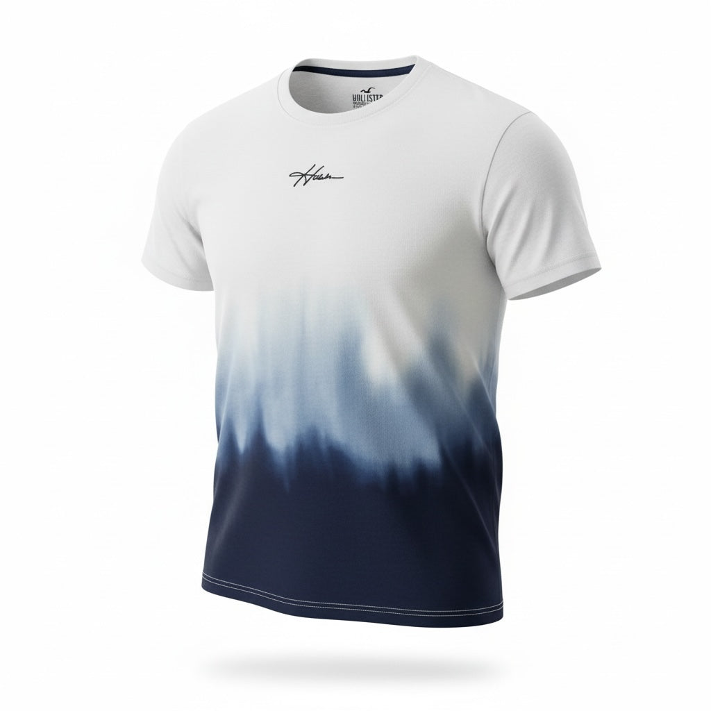 picknpack Hollister men's crew neck t-shirt with a white to navy blue dip-dye gradient and chest script logo