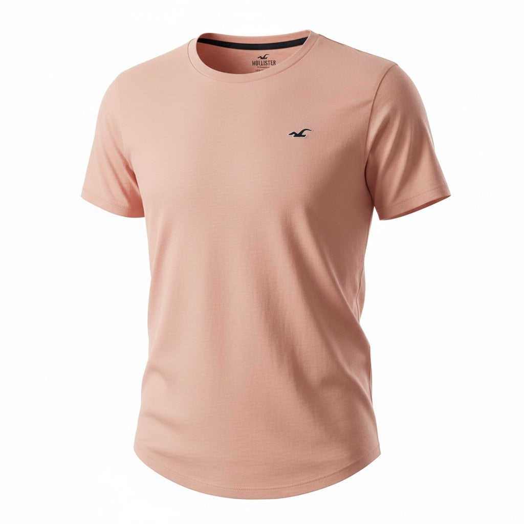 picknpack Hollister dusty pink crew neck t-shirt in soft cotton-blend with embroidered chest logo and curved hem