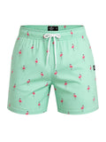 picknpack Hollister mint green swim trunks with an all-over pink flamingo print, elastic waist, and drawstring.