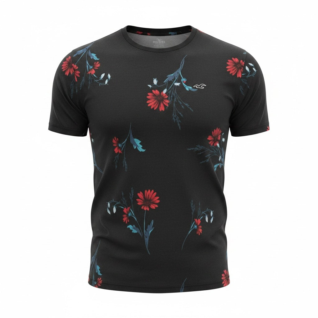 picknpack Hollister black short sleeve t-shirt with vibrant red and teal floral print and crew neck