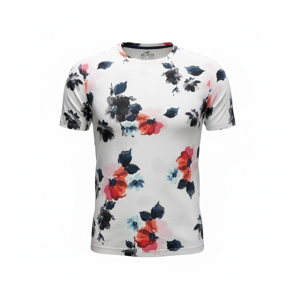 picknpack Hollister white crew neck t-shirt with navy, pink, and orange floral print in soft cotton-blend fabric