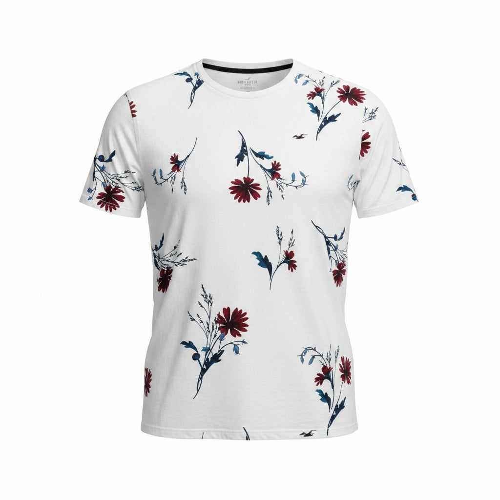 picknpack Hollister white crew neck t-shirt featuring a red and navy blue floral botanical print in soft cotton blend