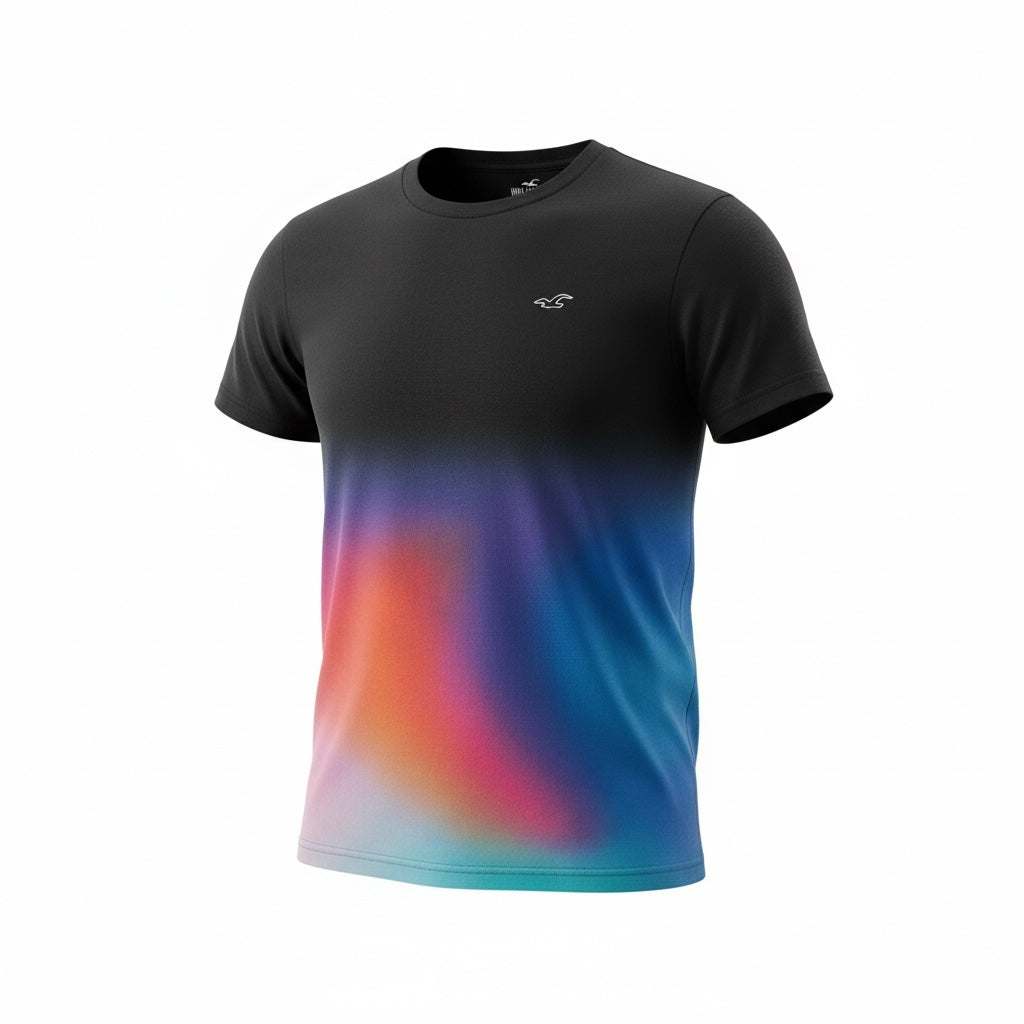 picknpack Hollister crew neck t-shirt with black to multi-colored nebula gradient print and embroidered chest logo