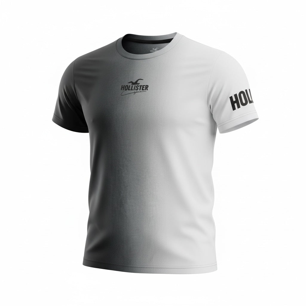picknpack Hollister crew neck t-shirt with a light to dark grey gradient fade and black chest and sleeve branding