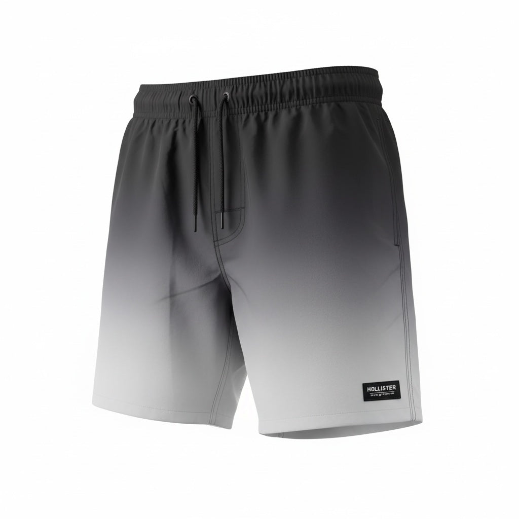 picknpack Hollister men's swim shorts featuring a black to white gradient ombre fade, elastic waist, and side pockets.