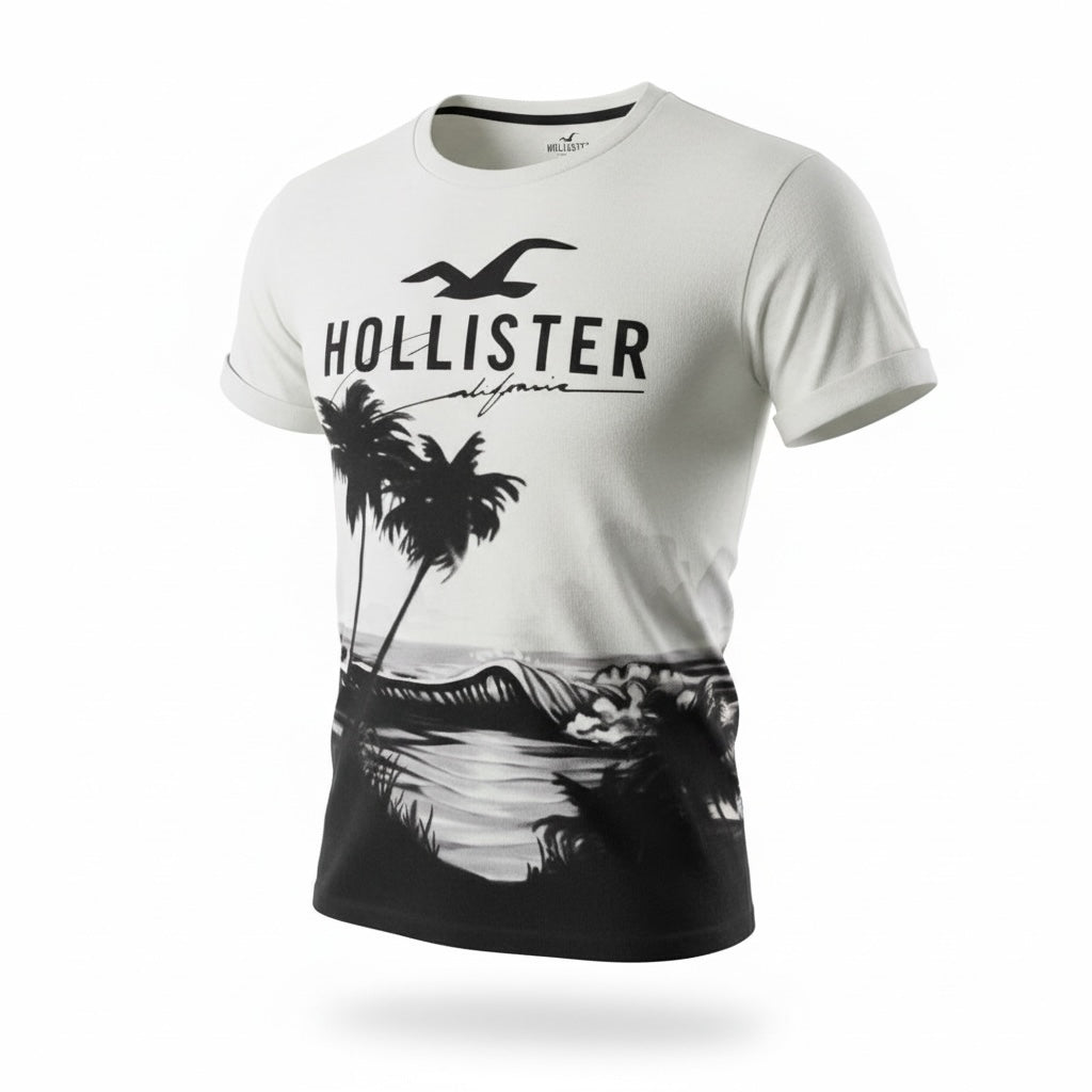 picknpack white Hollister crew neck t-shirt with black palm tree and ocean wave graphic print and rolled sleeves
