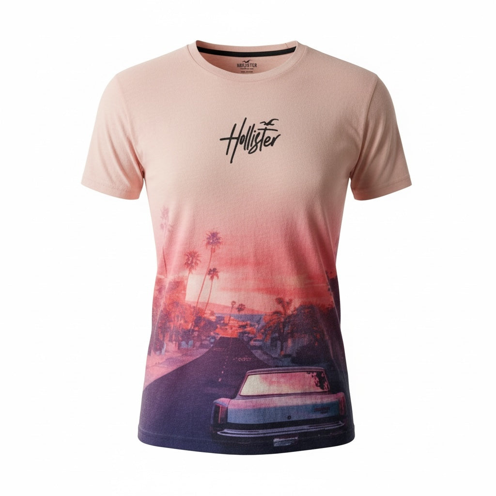 picknpack Hollister crew neck t-shirt with a sunset coastal graphic print, palm trees, and vintage car in peach-purple
