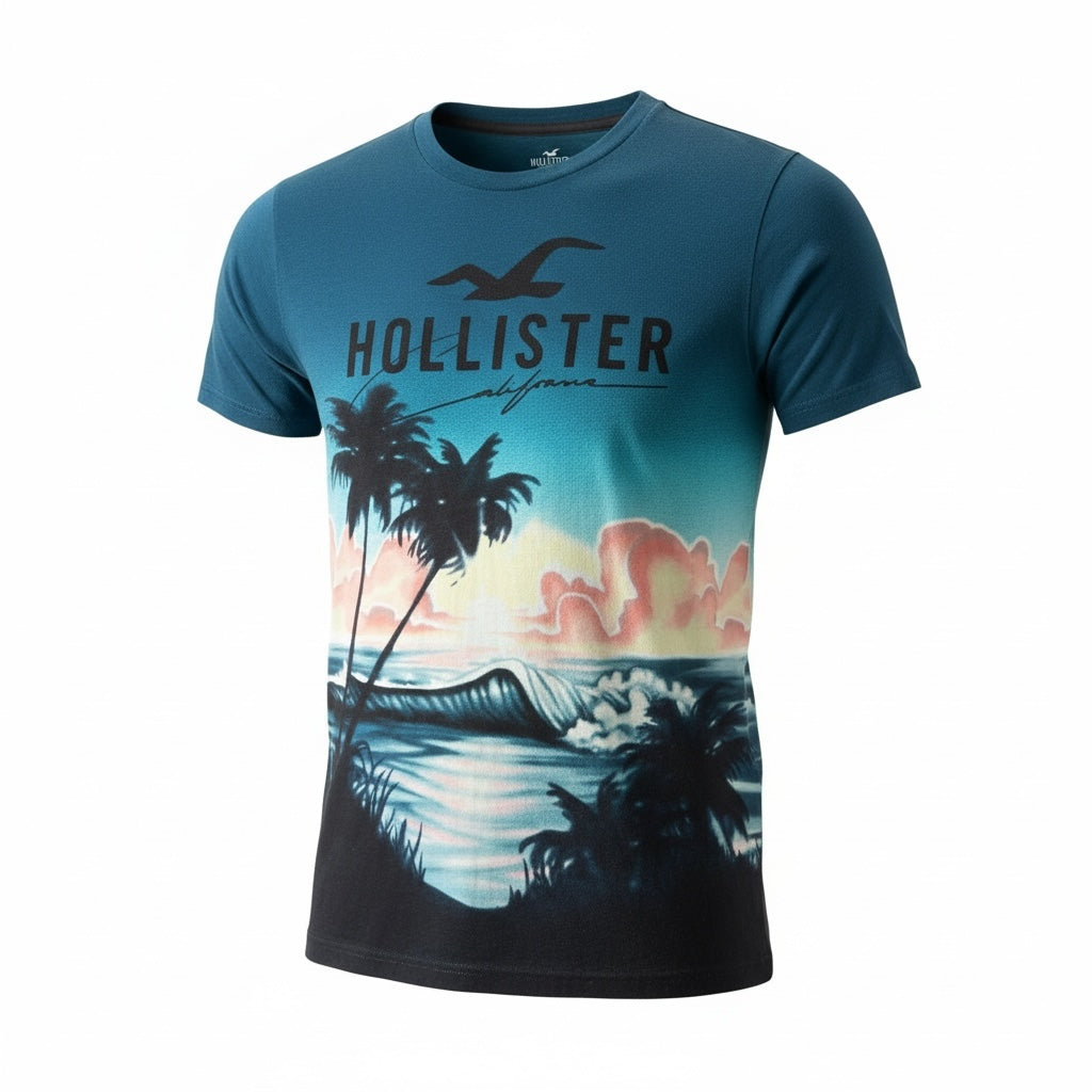 picknpack Hollister crew neck t-shirt featuring a teal to black sunset ocean graphic with palm trees and waves