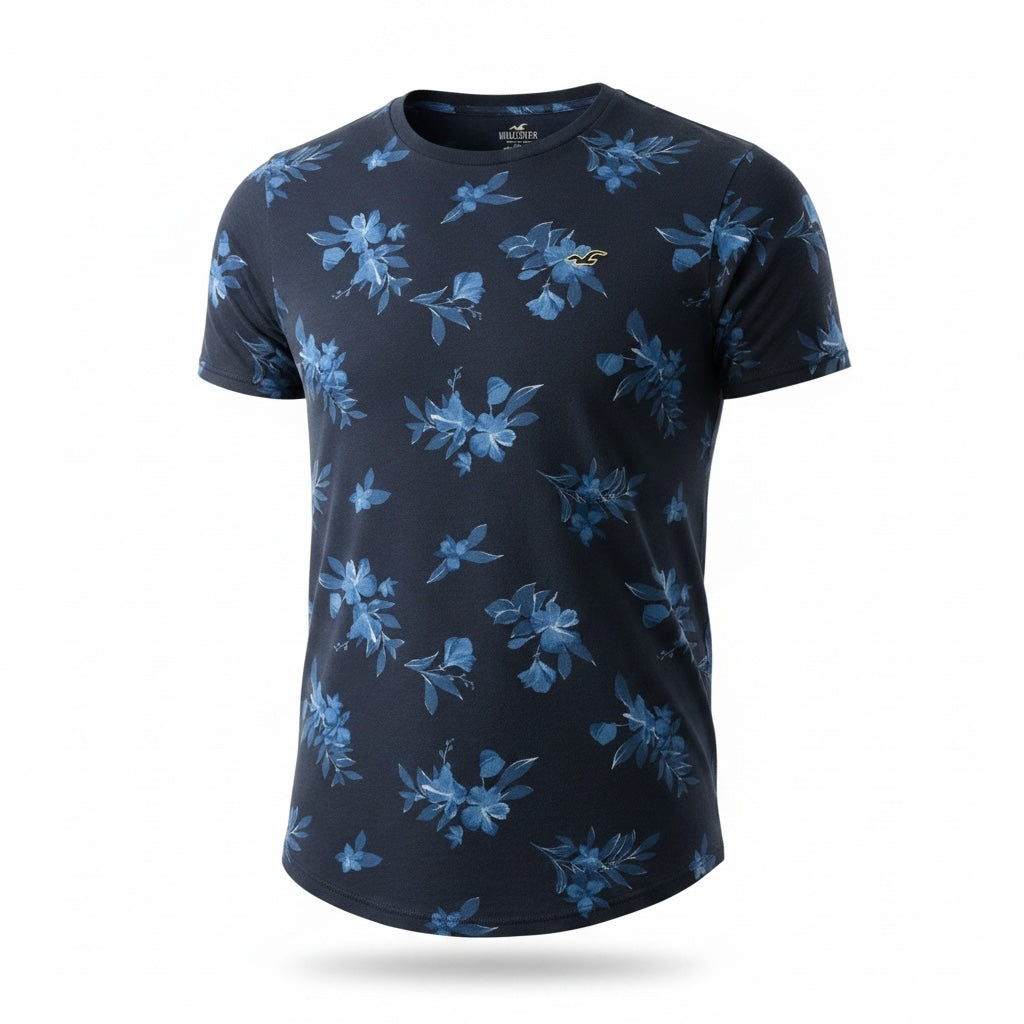 picknpack Hollister navy blue floral print crew neck t-shirt with short sleeves and a curved hem.
