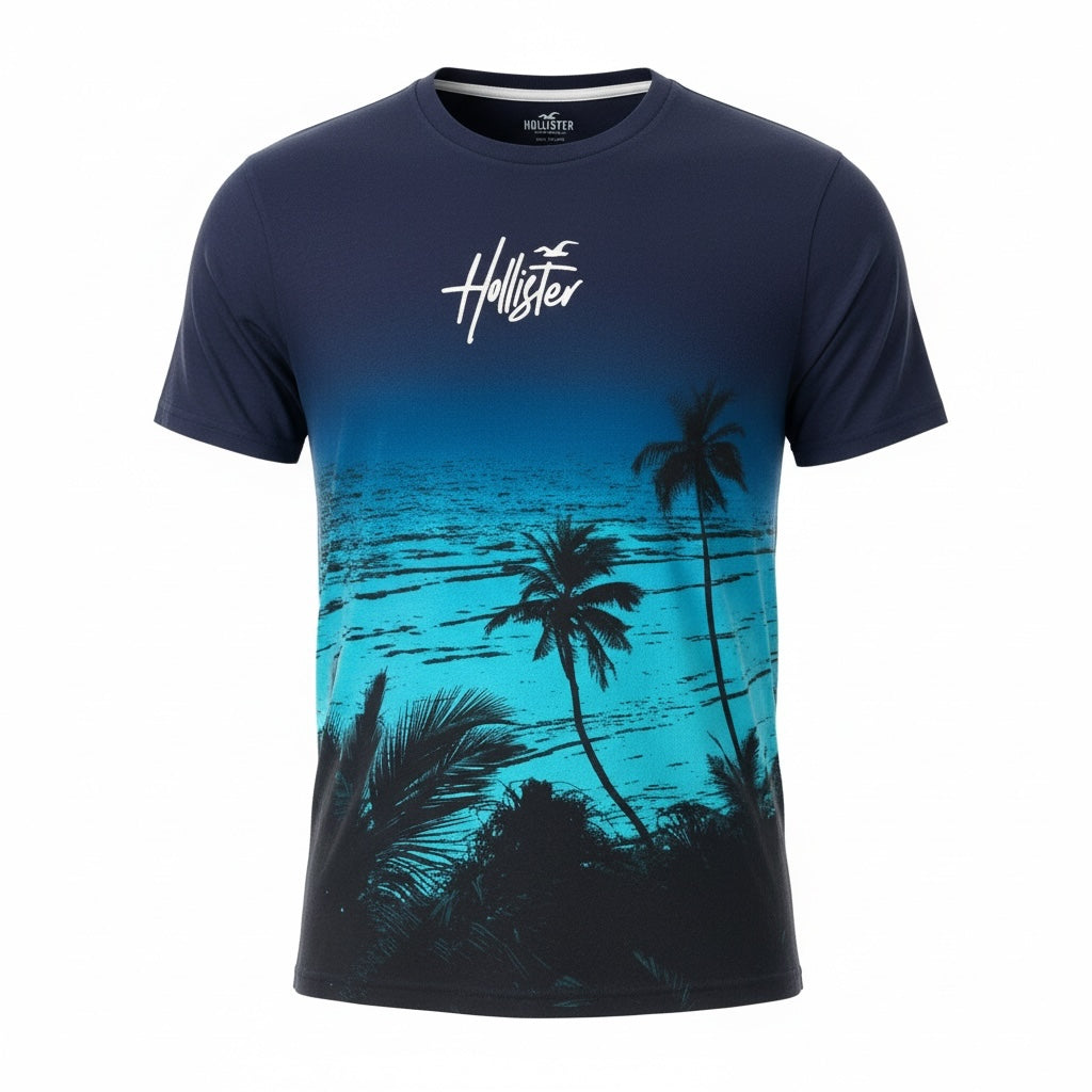 picknpack Hollister navy blue short sleeve crew neck t-shirt with a sunset ocean and palm tree graphic print
