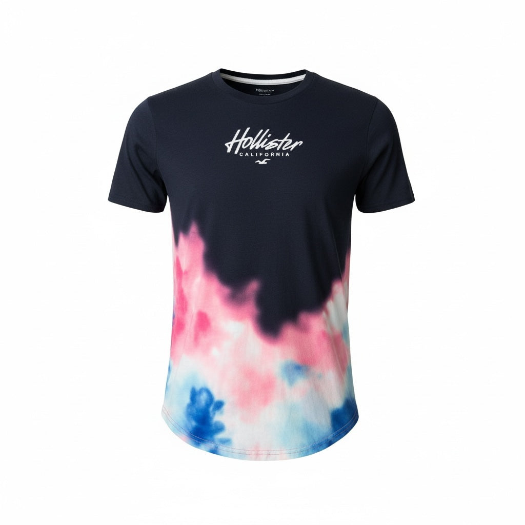 picknpack Hollister navy crew neck t-shirt with pink and blue tie-dye hem and white script logo