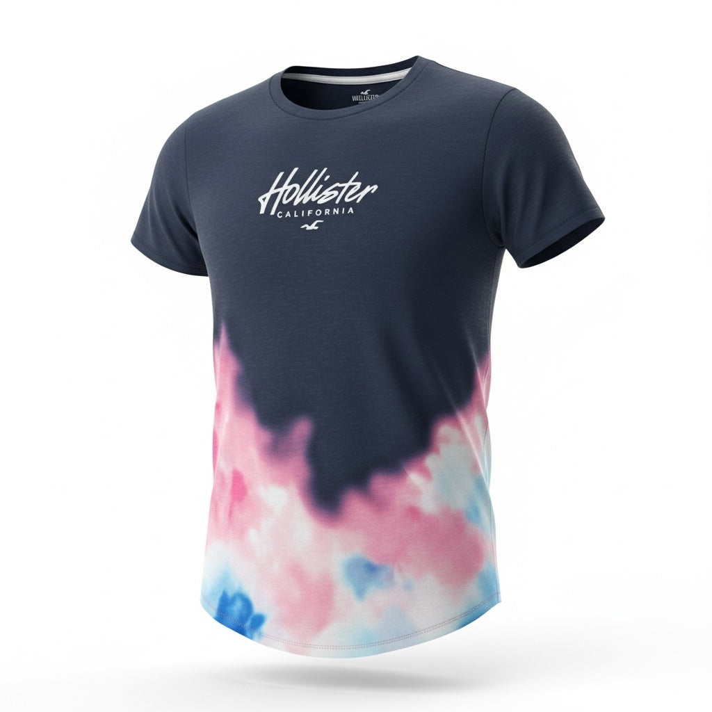 picknpack navy Hollister graphic t-shirt with pink and blue tie-dye hem and crew neck