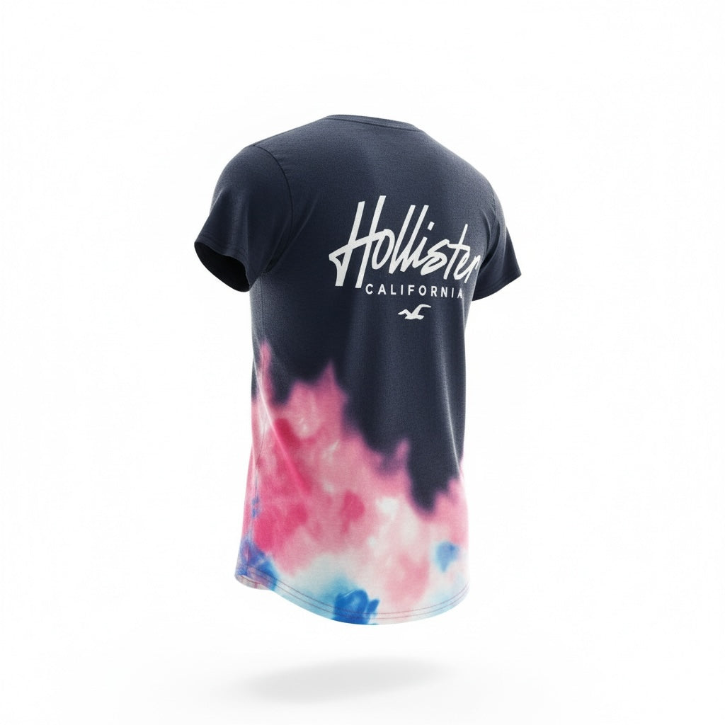 picknpack Hollister navy crew neck t-shirt with pink and blue tie-dye hem and white California script logo on the back