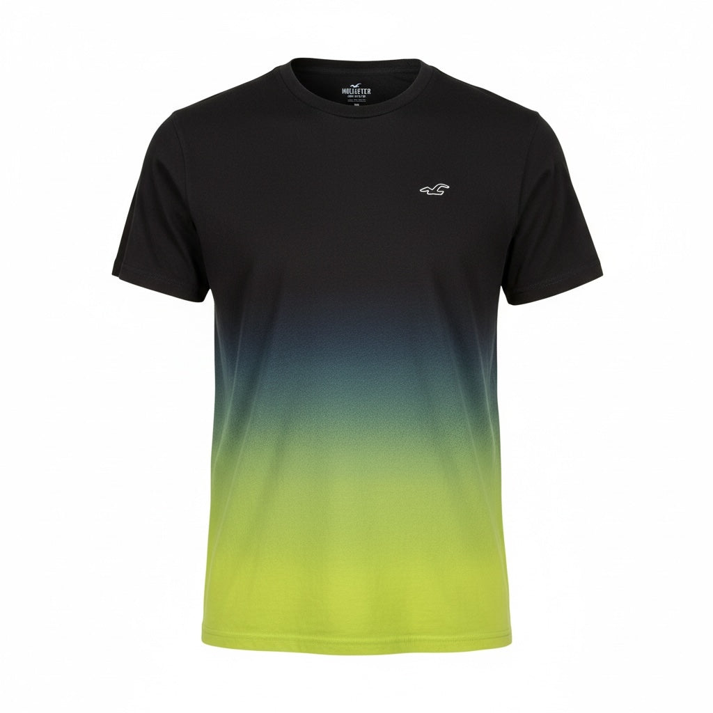 picknpack Hollister ombre crew neck t-shirt in black to lime green gradient cotton blend with chest logo