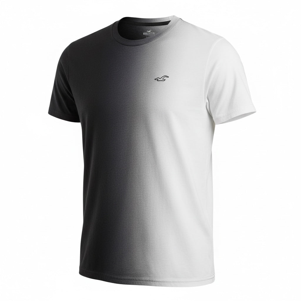 picknpack Hollister crew neck t-shirt featuring a charcoal black to white ombre gradient and embroidered chest logo.