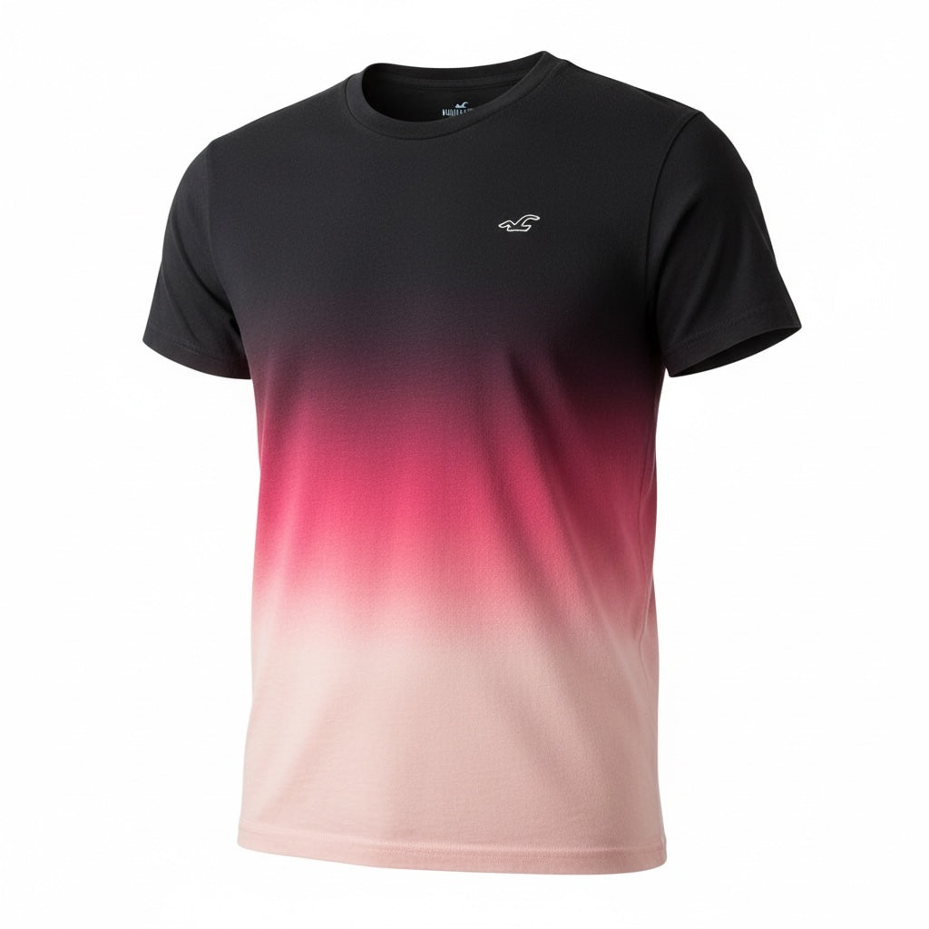picknpack Hollister crew neck t-shirt featuring a black to pink ombre gradient and small embroidered chest logo