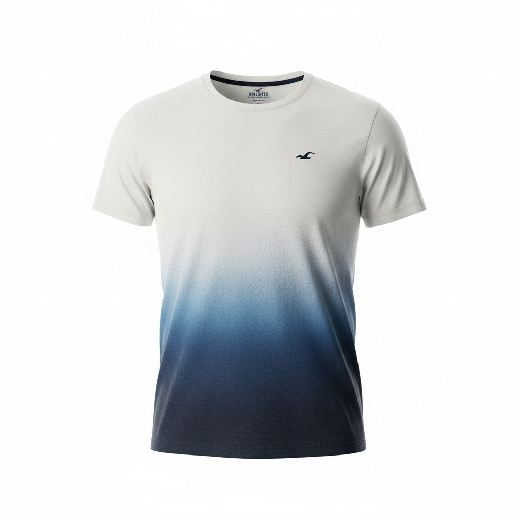 picknpack Hollister men's crew neck t-shirt with a grey to navy blue ombre gradient and small chest logo