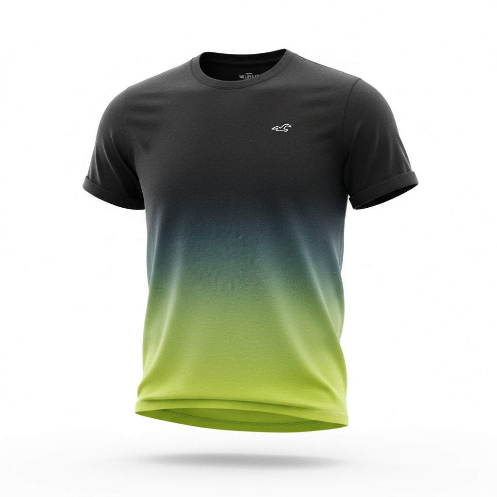 picknpack Hollister crew neck t-shirt featuring a charcoal grey to lime green ombre gradient and chest logo
