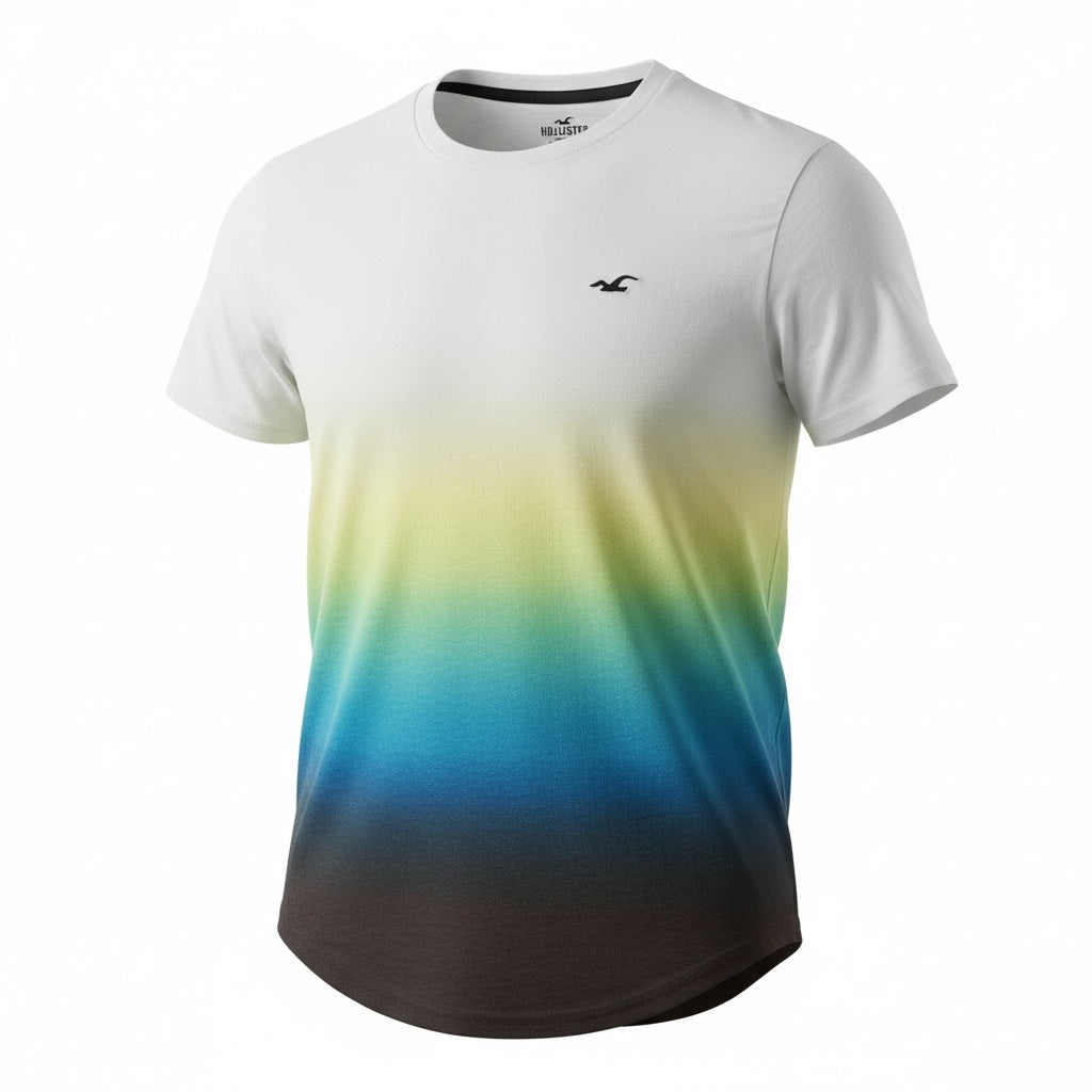 picknpack Hollister crew neck t-shirt featuring a white to black ombre gradient and a curved hemline.