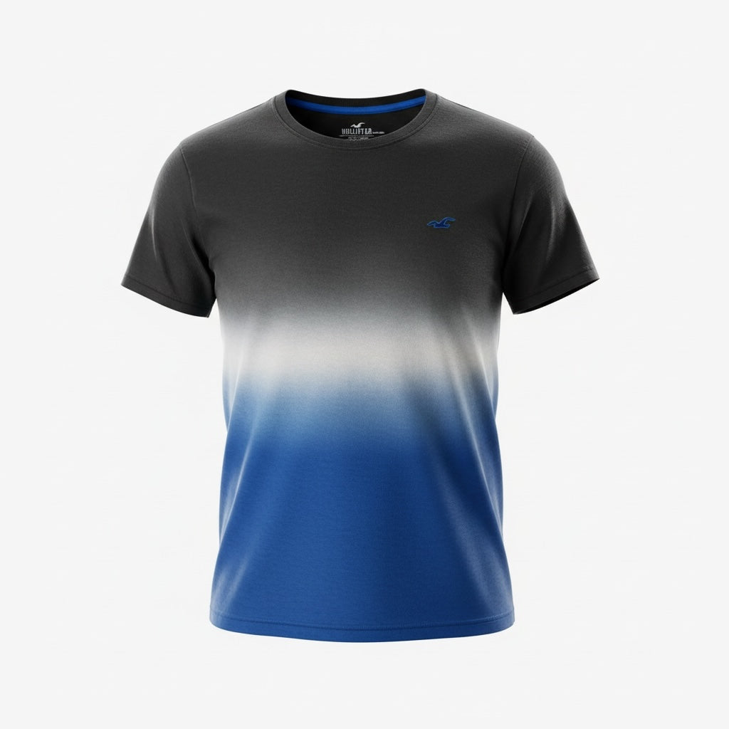 picknpack Hollister crew neck t-shirt featuring a charcoal grey to electric blue ombre gradient and chest logo.