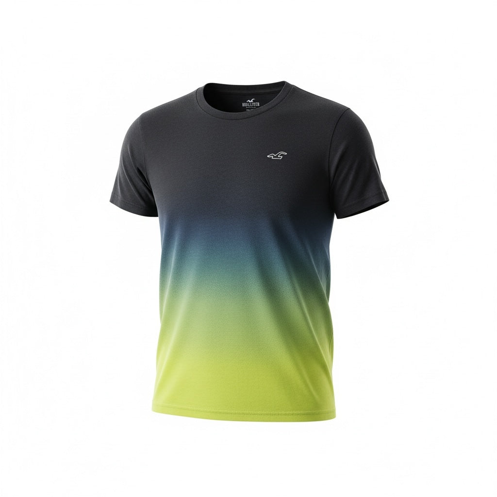 picknpack Hollister crew neck t-shirt featuring a charcoal to lime green ombre design with a small chest logo