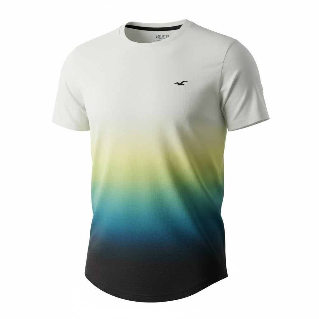 picknpack Hollister crew neck t-shirt featuring a white to yellow, teal, and black ombre gradient in breathable fabric.