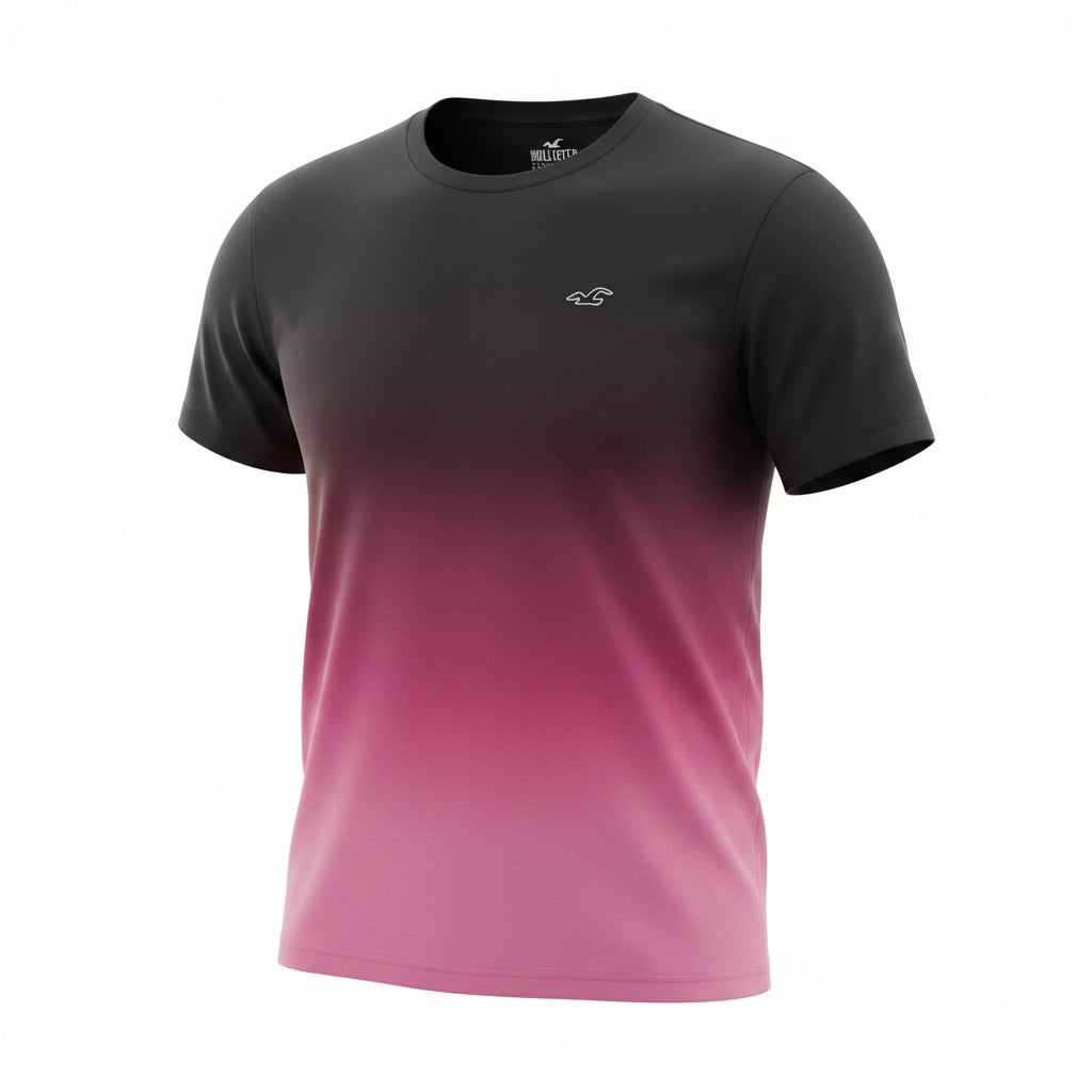 picknpack Hollister short sleeve crew neck t-shirt with a charcoal grey to magenta ombre gradient and chest logo