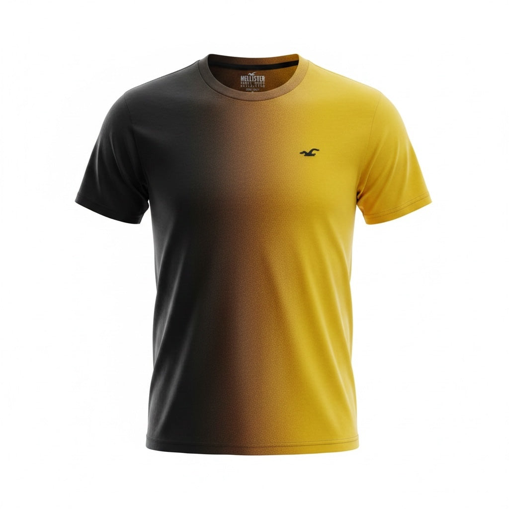 picknpack Hollister crew neck t-shirt featuring a charcoal grey to yellow ombre gradient and embroidered chest logo.