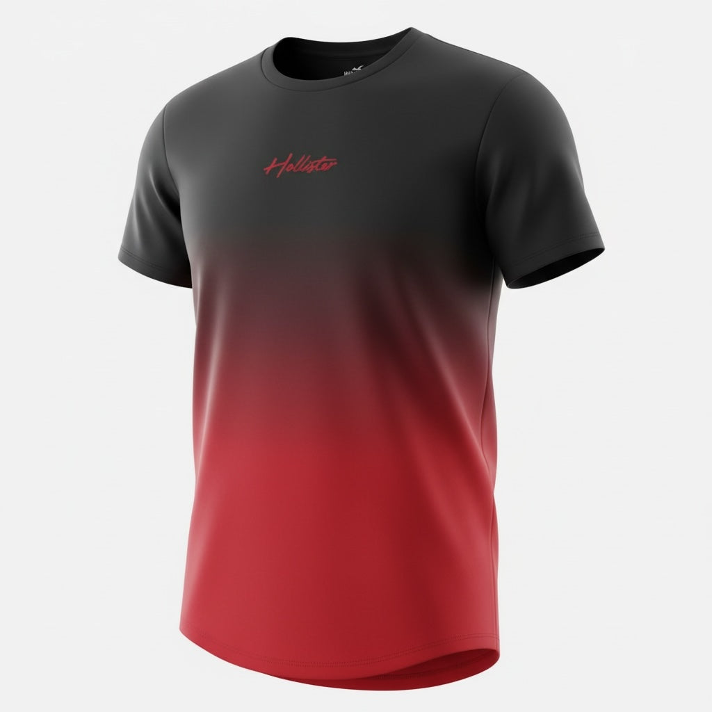 picknpack Hollister crew neck t-shirt featuring a black to red ombre fade and red embroidered script logo on the chest