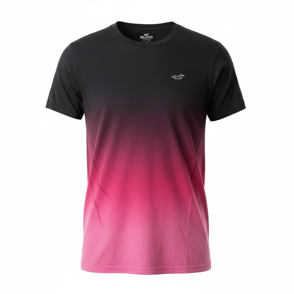 picknpack Hollister crew neck t-shirt featuring a black to pink ombre gradient design and small chest logo embroidery