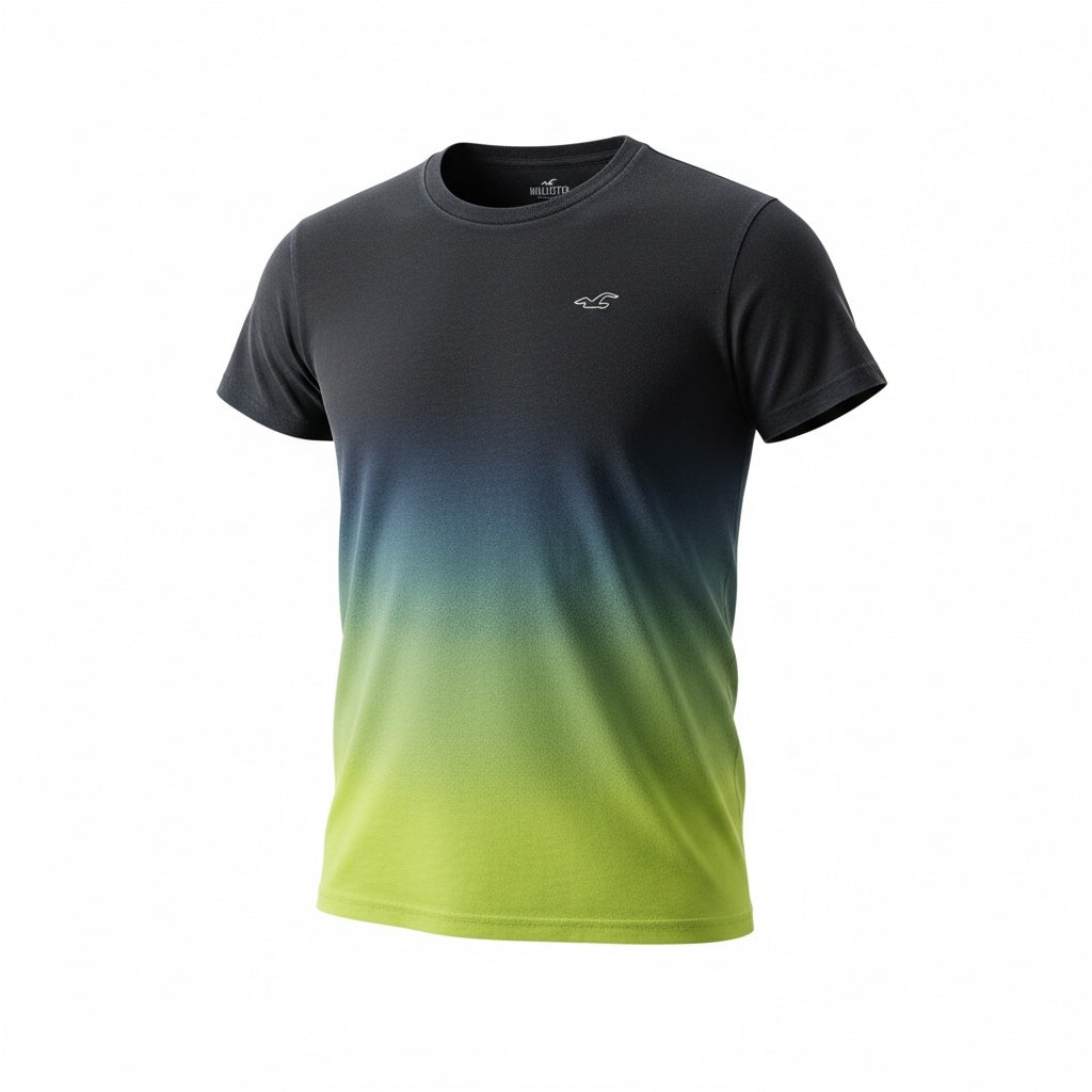 picknpack Hollister crew neck t-shirt featuring a charcoal grey to lime green ombre gradient and embroidered chest logo